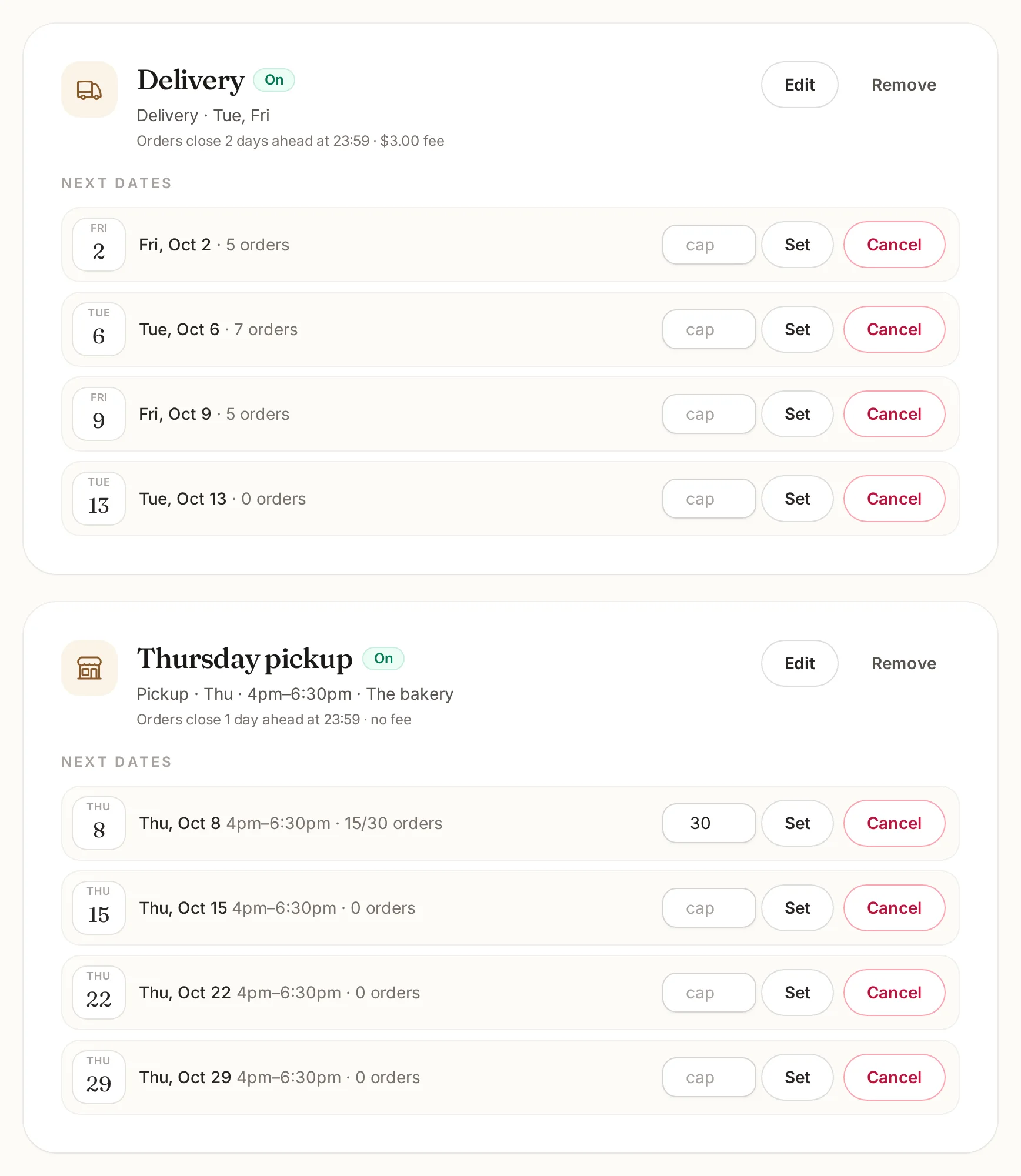 Delivery settings: a delivery day with its next dates and their orders.