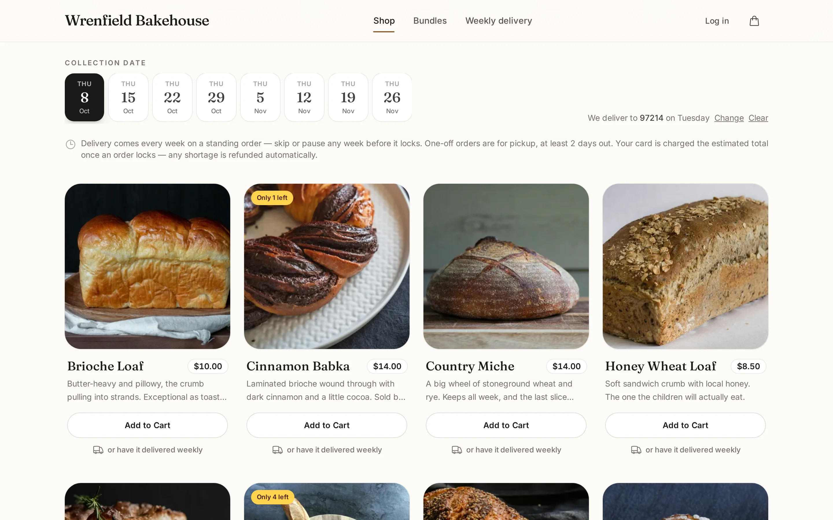 A bakery's shop: brioche, babka, country miche and honey wheat, with prices, collection dates and what's left of each.